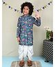 BAATCHEET Cotton Woven Full Sleeves Animals Printed & Threadwork Embroidered Dhoti Kurta Set - Navy Blue