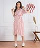 Bella Mama Woven Three Fourth Sleeves Maternity Shirt Dress With Stripes - Red & White