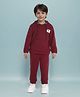 MASHUP Cotton Knit Full Sleeves Teddy Bear Patch Detailed Hooded Tee With Joggers Set - Maroon