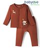 Babyoye 100% Cotton Knit Full Sleeves Front Open T-Shirt & Lounge Pant Set With Teddy Embroidery Patch - Brown