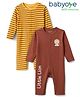 Babyoye 100% Cotton Knit Full Sleeves Striped & Lion Printed Rompers Pack of 2 - Brown & Yellow