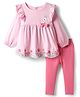 Babyhug Single Jersey Knit Full Sleeves Top and Leggings Set with Back-Snap Buttons Bunny & Floral Print Bow Applique & Frill Detailing - Pink