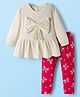Babyhug Single Jersey Knit Full Sleeves Top and Leggings Set with Bow Print & Applique - Offwhite & Red