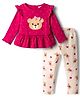 Babyhug Single Jersey Knit Full Sleeves Top & Leggings Set With Teddy Print Patch & Frill Detailing - Dark Pink & Beige