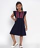 Bitiya By Bhama Cotton Blend Woven Sleeveless Abstract Embroidered & Frill Detailed Flared Dress - Navy Blue