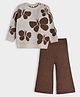Mi Arcus Knit Full Sleeves Butterfly Designed Sweater & Flared Pant Set - Beige & Brown
