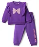 Babyhug Terry Knit Full Sleeves Top & Joggers Set With Bow Print - Purple