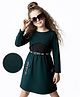 Hola Bonita Knit Solid Color Dress With Full Sleeves Jacket & Belt - Dark Green