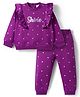 Babyhug Terry Knit Full Sleeves Top & Joggers Set with Shine Text & Star Print with Frill Detailing - Purple
