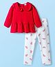 Babyhug Single Jersey Knit Full Sleeves Top and Pant Set With Bow Print - Red & White