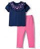Babyhug Single Jersey Knit Top and Leggings Set With Floral Embroidery & Frill Detailing - Navy Blue & Pink