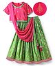 EARTHY TOUCH Cotton Woven Half Sleeves Choli Lehenga Set with Dupatta Floral Glitter Print & Lace Detailing - Dark Pink & Green