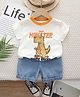 Googo Gaaga Cotton Woven Half Sleeves Cute Monster Text Printed Tee & Shorts Set - White