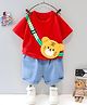 Googo Gaaga Cotton Woven Half Sleeves Kitten Designed Attached Bag Detailed Tee & Shorts Set - Red