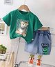Googo Gaaga Cotton Woven Half Sleeves Teddy Bear Printed Tee & Shorts Set - Green
