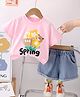 Googo Gaaga Cotton Woven Half Sleeves Spring Text Printed Tee & Shorts Set - Pink