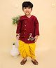 Junitos Cotton Woven Three Fourth Sleeves Dinosaur Embroidered Kurta Dhoti Set - Maroon