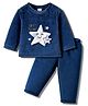 Babyhug Cotton Knit Full Sleeves Winter Wear Night Suit With Star Applique - Navy Blue