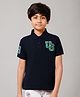 ALAN JONES Cotton Blend Knit Half Sleeves US Text Patch Embroidered Polo Tee - Navy Blue