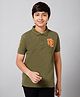 ALAN JONES Cotton Blend Knit Half Sleeves US Text Patch Embroidered Polo Tee - Olive Green
