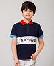 ALAN JONES Cotton Blend Knit Half Sleeves USA Text Printed Polo Tee - Navy Blue