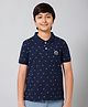 ALAN JONES Cotton Blend Knit Half Sleeves Paperclips Printed Polo Tee - Navy Blue