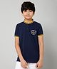 ALAN JONES Cotton Blend Knit Half Sleeves Summer Days Text Embroidered Stand Collar Tee - Navy Blue