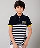 ALAN JONES Cotton Blend Knit Half Sleeves Striped & Summer Days Text Embroidered Polo Tee - Navy Blue