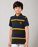 ALAN JONES Cotton Blend Knit Half Sleeves Rugby Striped & Bird Embroidered Polo Tee - Dark Green & Blue