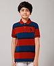 ALAN JONES Cotton Blend Knit Half Sleeves Rugby Striped & Bird Embroidered Polo Tee - Rust & Navy Blue