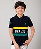 ALAN JONES Cotton Blend Knit Half Sleeves Brazil Text Embroidered Polo Tee - Navy Blue