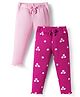 Babyhug Cotton Lycra Rib Knit Full Length Leggings With Stretch & Floral & Bow Applique Pack of 2 - Pink & Dark Pink