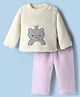 Babyhug Velour Knit Full Sleeves Night Suit With Animal Embriodery - White & Pink