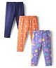 Babyhug Cotton Lycra Knit Full Length Leggings With Stretch Floral & Rainbow Print Pack of 3 - Navy Blue Orange & Purple