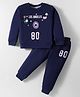 Smarty Girls Fleece Knit Full Sleeves Winter Wear T-Shirt & Lounge Pant Set With Floral & Text Embroidery - Navy Blue