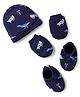 Bonfino 100% Cotton Knit Dino Printed Cap Mittens & Booties Navy Blue - Diameter 11 cm