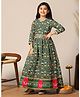 Fashion Dream Silk Woven Three Fourth Sleeves Patola Printed & Lace Embellished Dress - Green