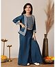 Fashion Dream Silk Woven Floral Embroidered Sequins Embellished Top & Palazzo With Three Fourth Sleeves Jacket Set - Blue