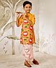Vastramay Muslin Woven Janmashtami Theme Full Sleeves Cow & Lotus Printed Kurta Dhoti Set - Mustard