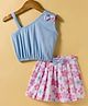 Dew Drops Interlock Knit Sleeveless Top & Skirt Set With Floral Print & Bow Applique - Blue & Off White