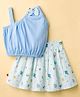 Dew Drops Interlock Knit Sleeveless Top & Printed Skirt Set With Bow Applique - Aqua Blue