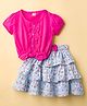 Dew Drops Interlock Knit Half Sleeves Top & Printed Skirt Set - Pink & Aqua Blue