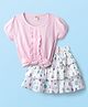Dew Drops Interlock Knit Half Sleeves Top & Printed Skirt Set With Bow Applique - Pink & Off Whie