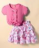 Dew Drops Interlock Knit Half Sleeves Top and Skirt Set with Floral Print & Applique - Pink & White