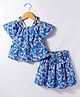 Dew Drops Interlock Knit Half Sleeves Top & Skirt Co-Ord Set With Floral Print & Bow Applique - Blue