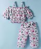 Dew Drops Cotton Woven Half Sleeves Off Shoulder Top & Lounge Pant Co-Ord Set With Floral Print - Off White