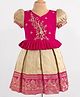 Enfance Half Puffed Sleeves Banarasi Foil Printed & Floral Embroidered Pattu Pavdai Dress - Fawn & Dark Pink