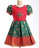 Enfance Half Puffed Sleeves Floral Foil Printed & Paisley Embroidered Pattu Pavdai Dress - Bottle Green