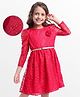 Hola Bonita Knit Three Fourth Sleeves Lace Dress with Belt & Floral Applique - Red