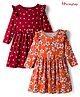 Honeyhap Premium 100% Cotton Knit Full Sleeves Floral Print Frocks with Bio Finish & Bow Applique Pack of 2 - Dark Red & Orange